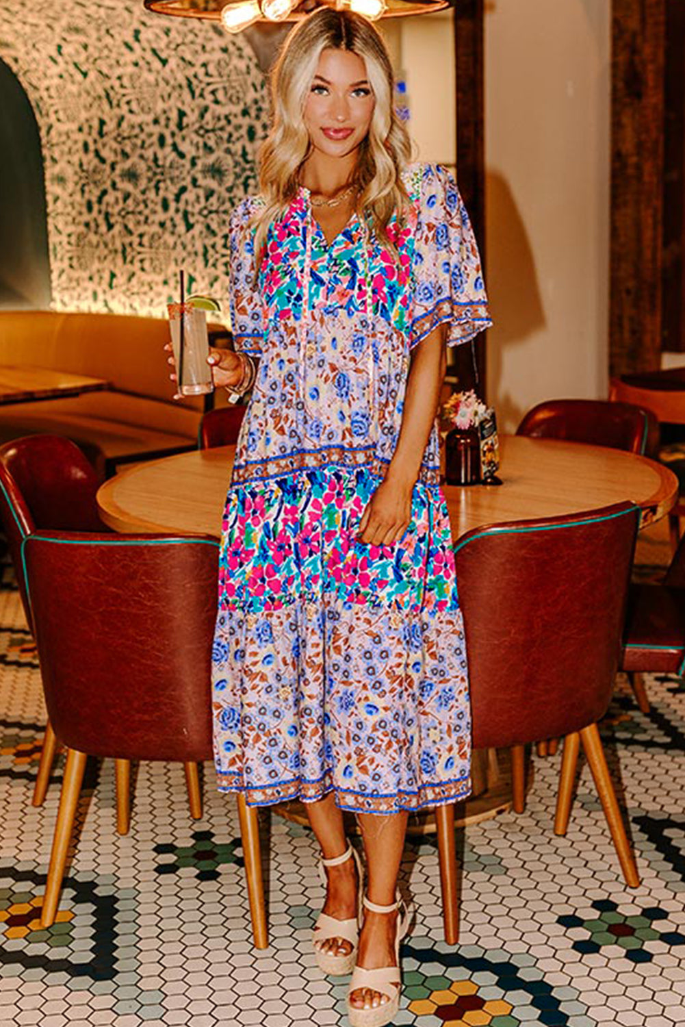 Sky Blue Mixed Floral Print Dress