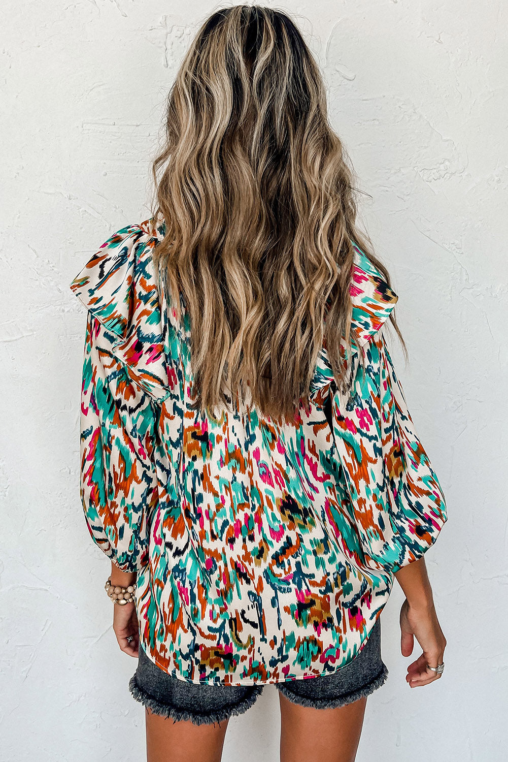 Color Me Happy Abstract Print 3/4 Puff Sleeve Ruffle Blouse