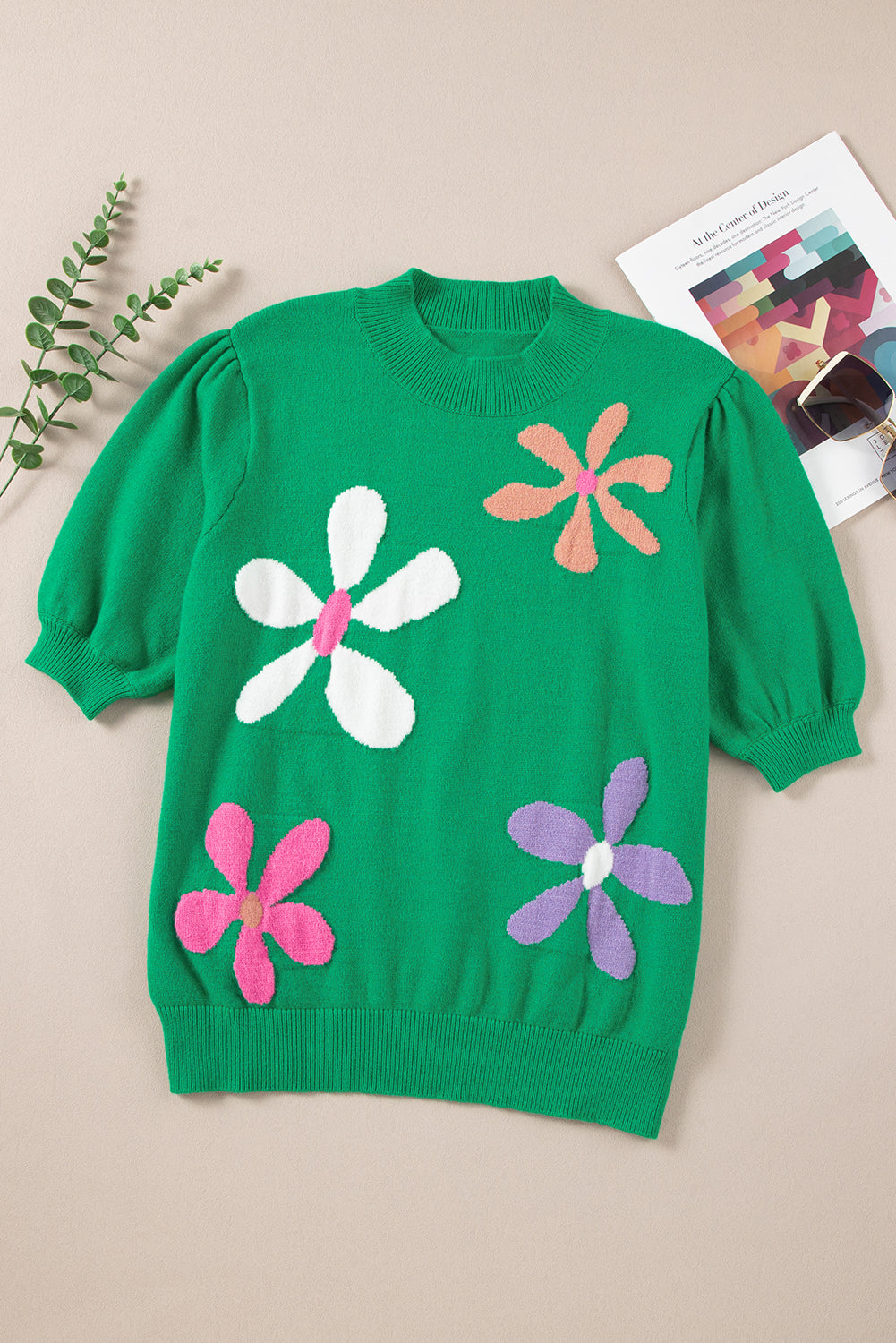 Bright Floral Bubble Short Sleeve Sweater