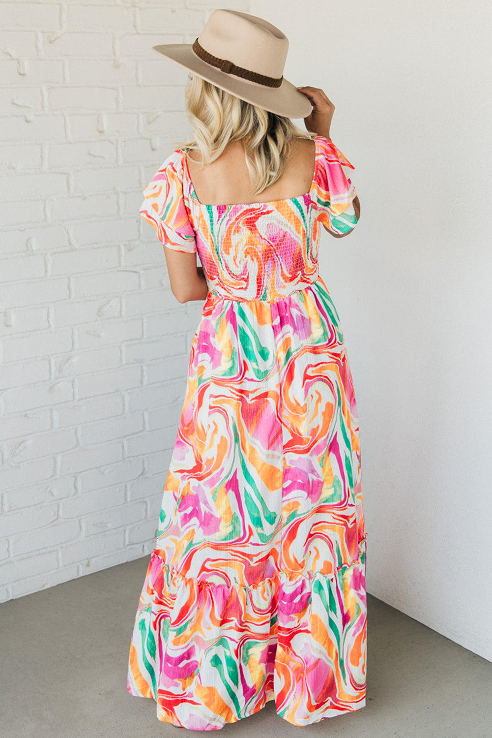 Pink Abstract Print Ruffled Sleeve Smocked Maxi Dress