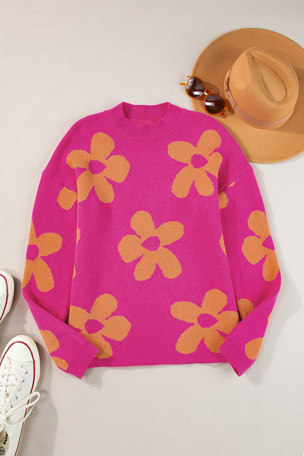 Pink Flower Pattern Mock Neck Long Sleeve Sweater