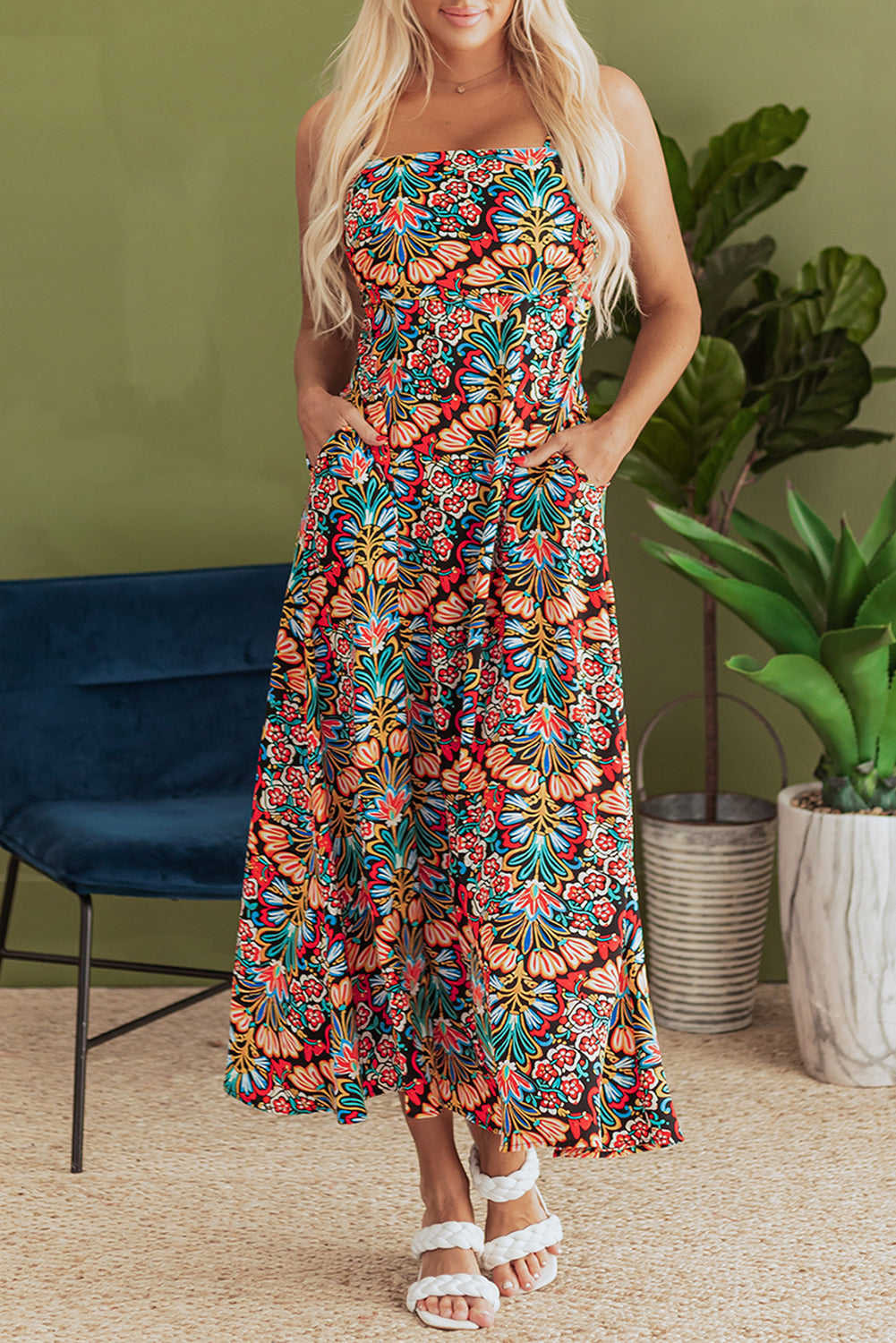 Boho Floral Print Thin Straps High Waist Maxi Dress