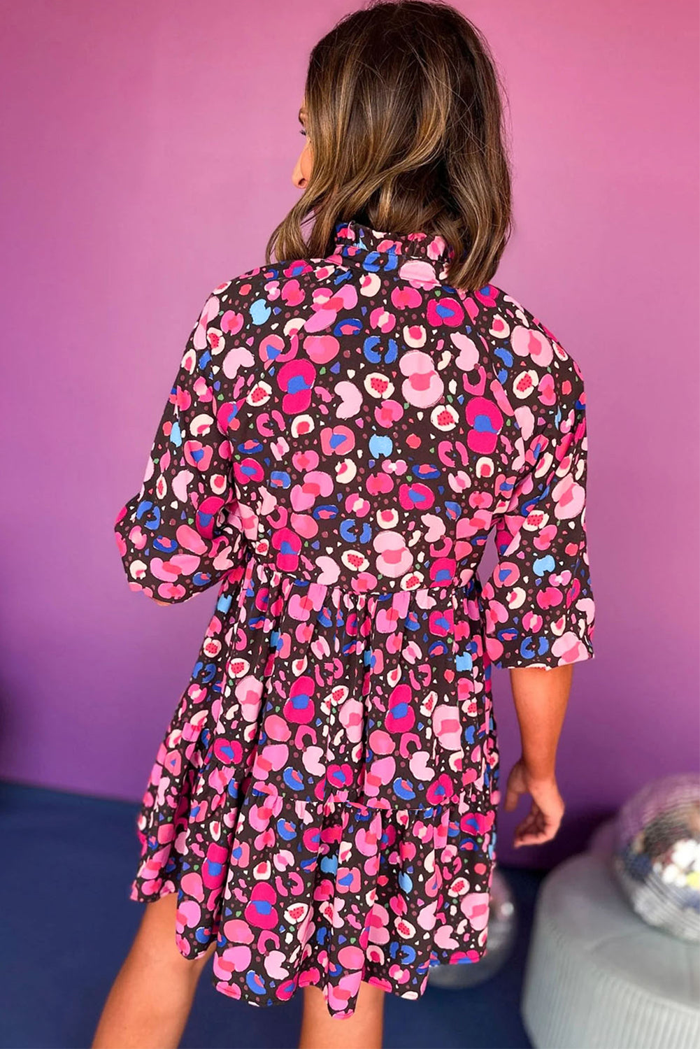 Pink Abstract Print V Neck Collared Half Sleeve Short Dress