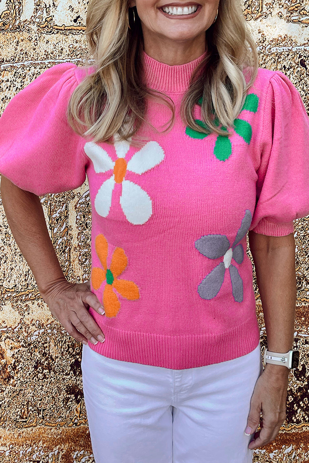Bright Floral Bubble Short Sleeve Sweater