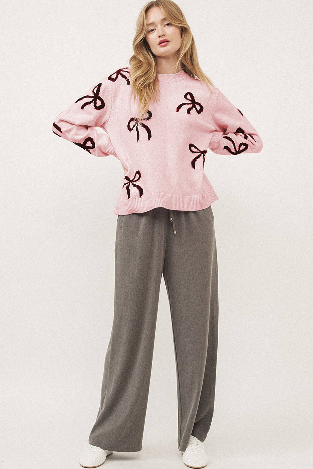 Pink Bow Pattern Loose Fit Sweater