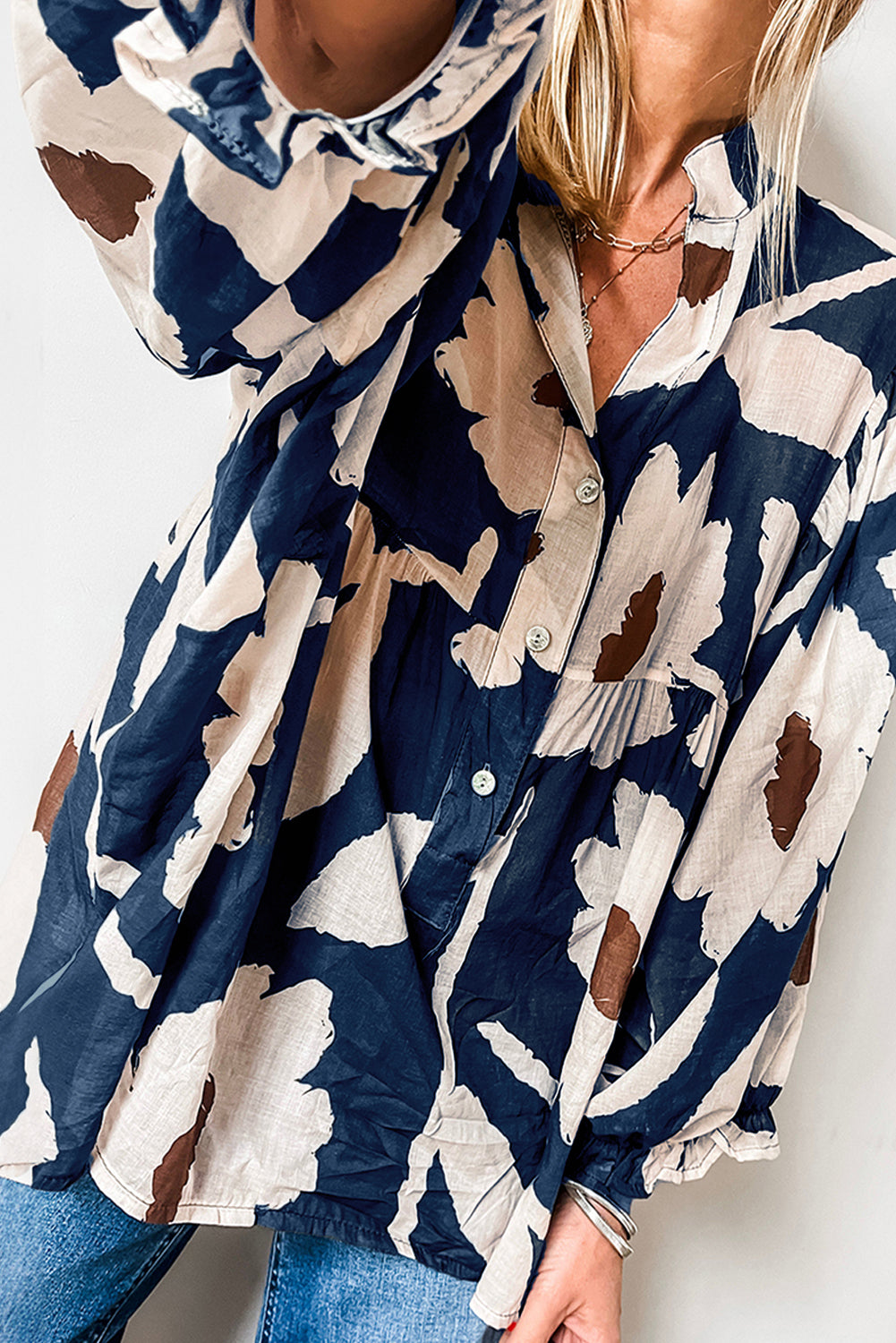 Loose Fit Floral Print Puff Sleeve Blouse