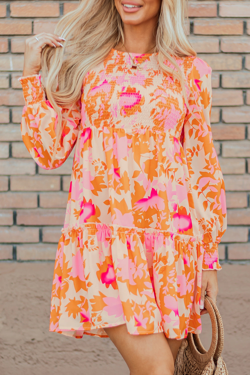 Orange Abstract Smocked Lantern Sleeve Ruffle Mini Dress