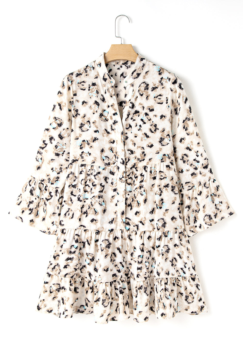 Leopard Print Buttoned Front 3/4 Sleeve Tiered Ruffled Hem Dress