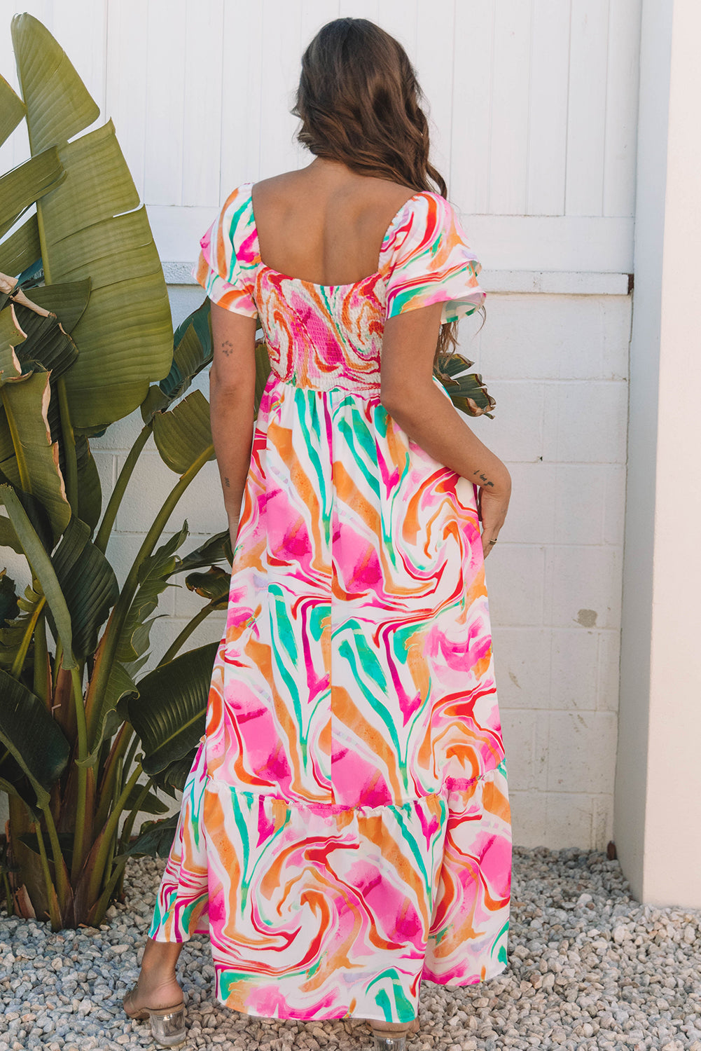 Pink Abstract Print Ruffled Sleeve Smocked Maxi Dress