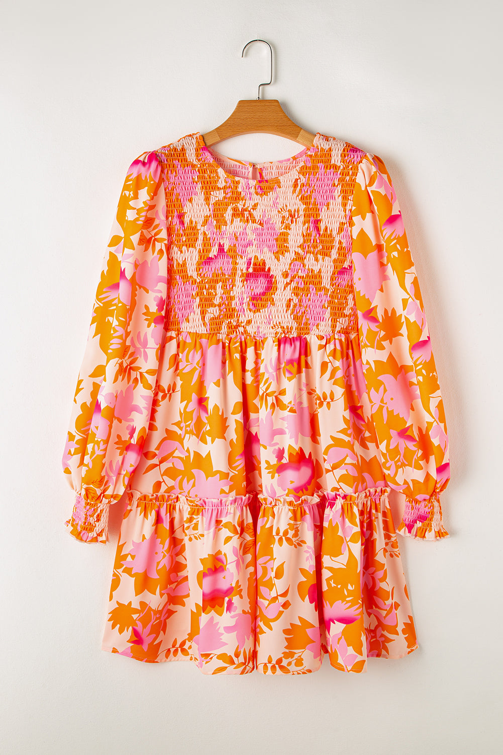 Orange Abstract Smocked Lantern Sleeve Ruffle Mini Dress