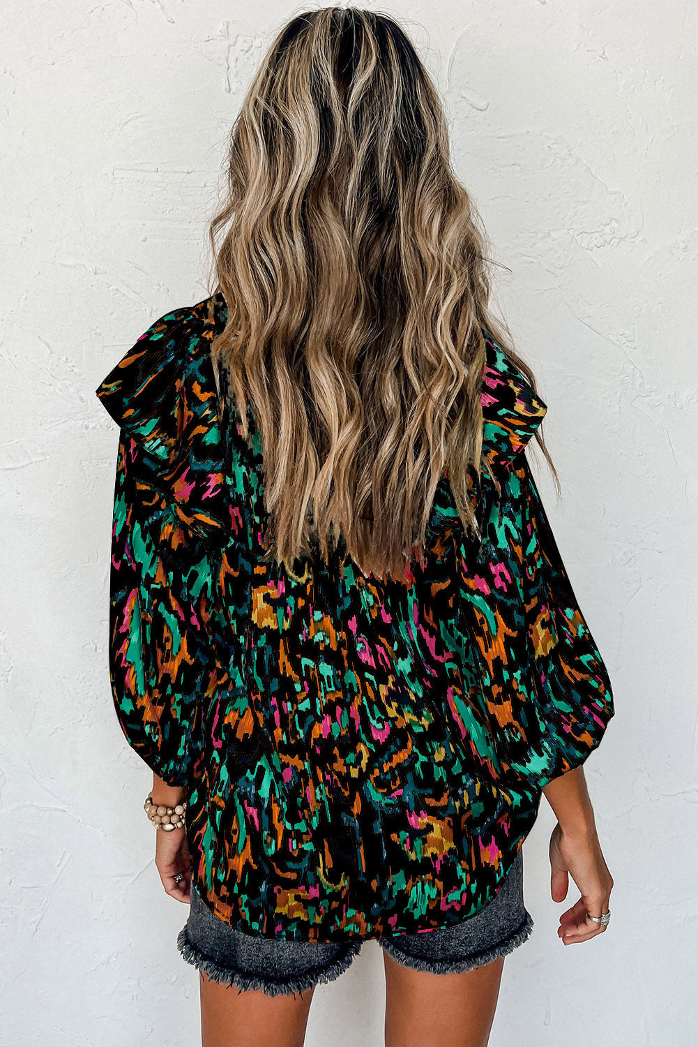 Color Me Happy Abstract Print 3/4 Puff Sleeve Ruffle Blouse