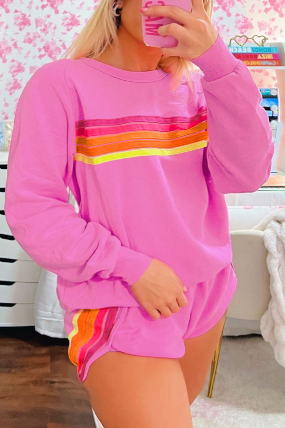 Striped Accent Pullover and Shorts Two Piece Casual Set