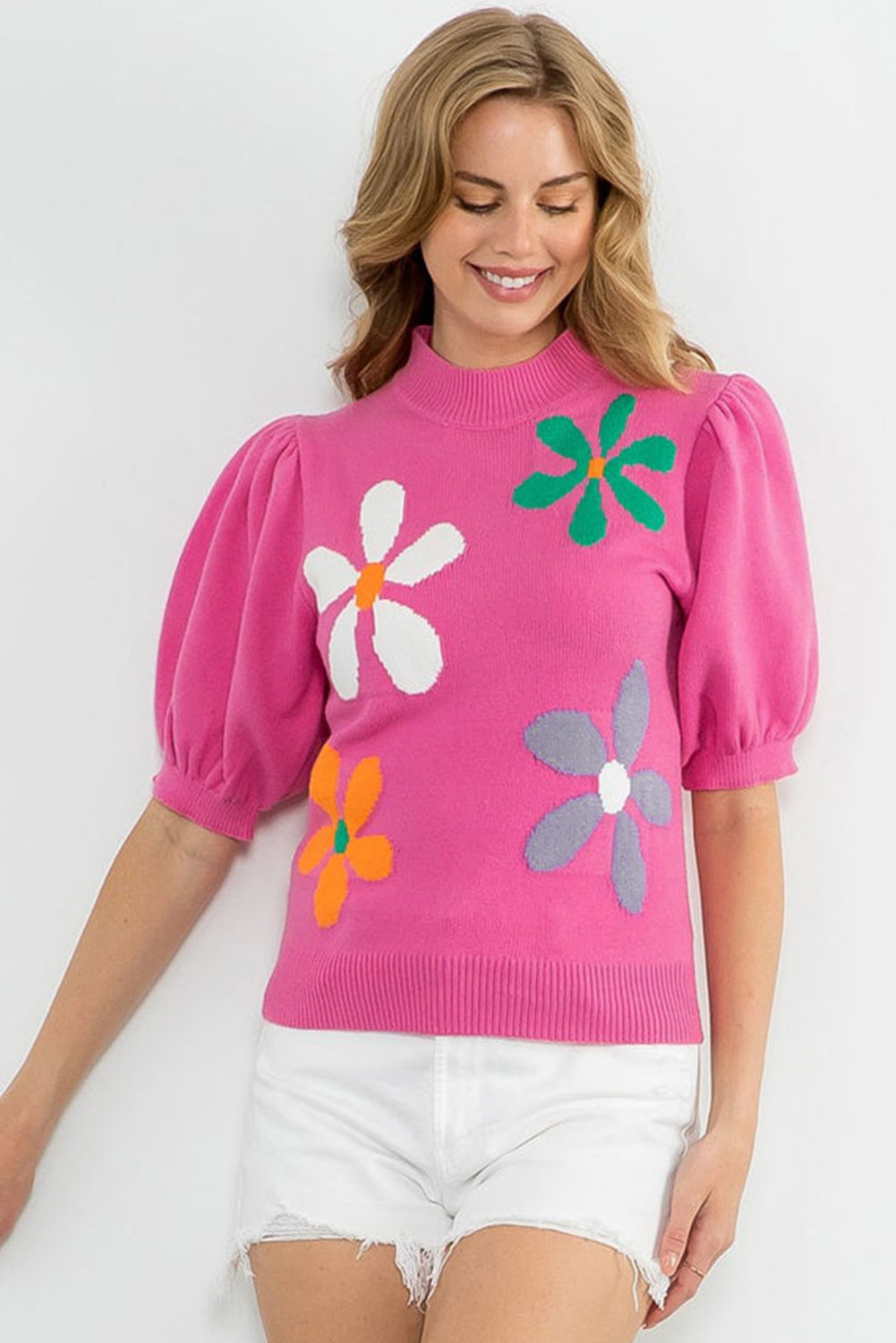 Bright Floral Bubble Short Sleeve Sweater