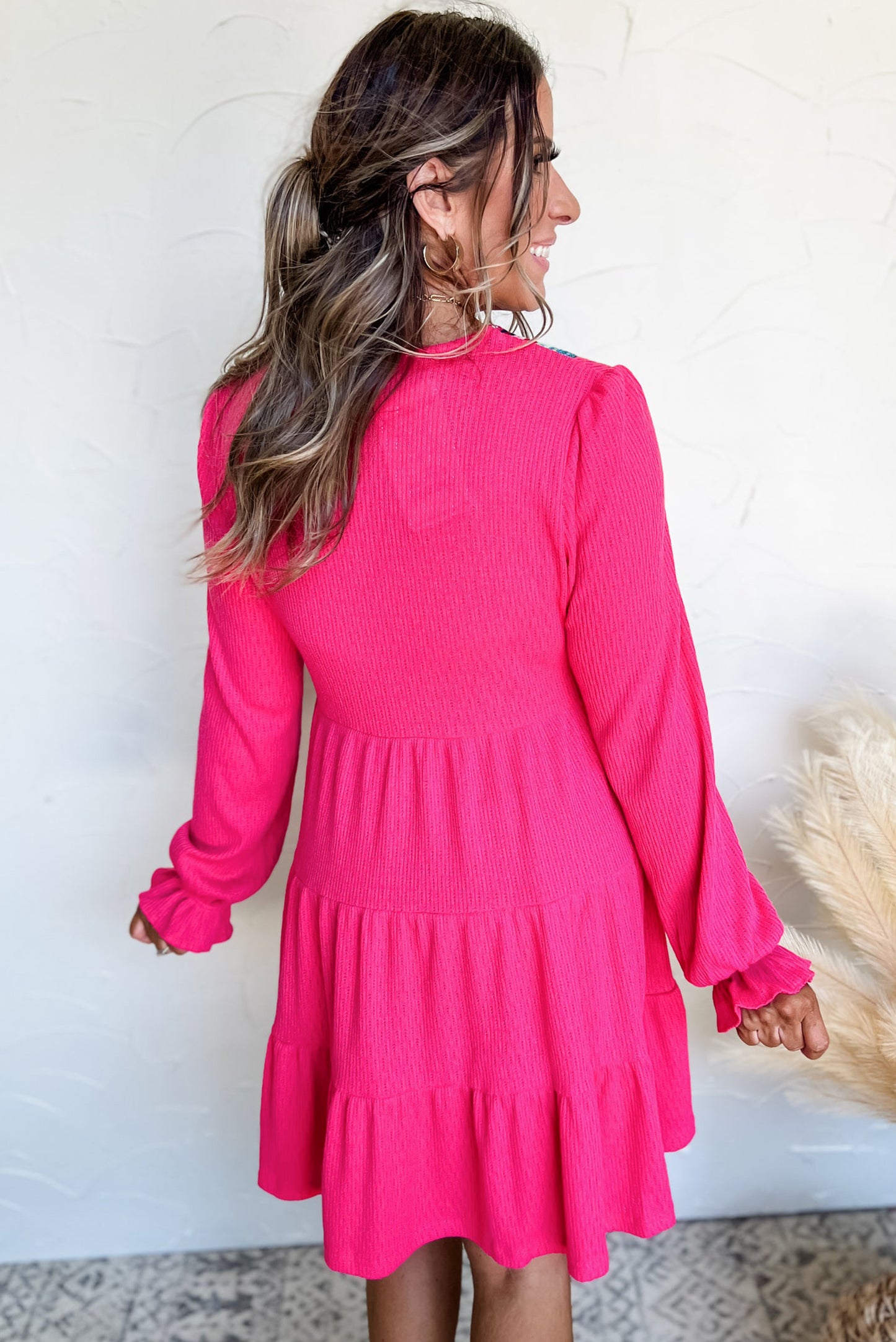 Pink Crochet V Neck Tiered Ruffled Mini Dress
