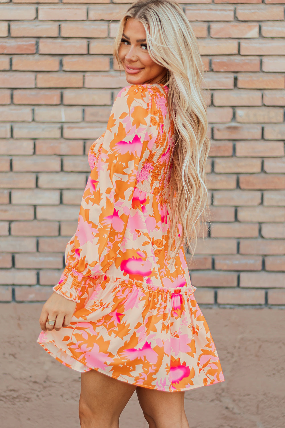 Orange Abstract Smocked Lantern Sleeve Ruffle Mini Dress