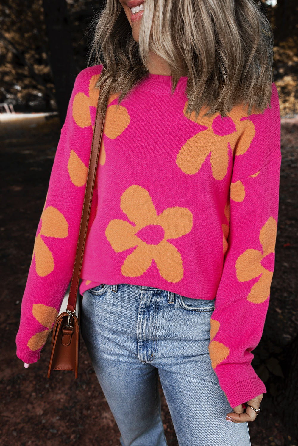 Pink Flower Pattern Mock Neck Long Sleeve Sweater