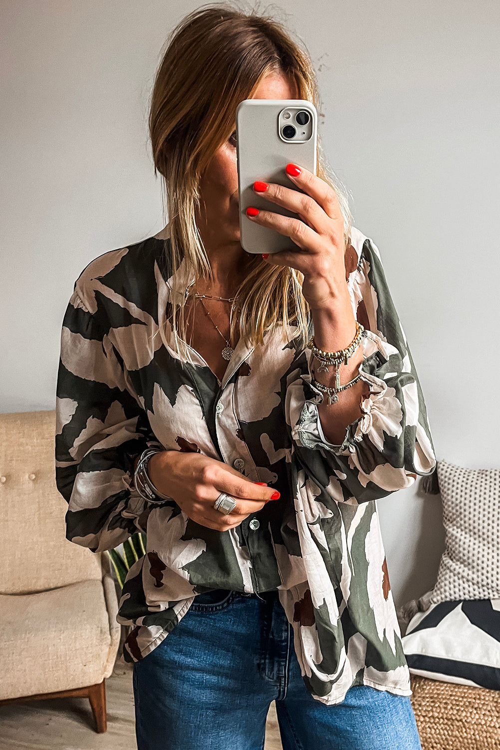 Loose Fit Floral Print Puff Sleeve Blouse