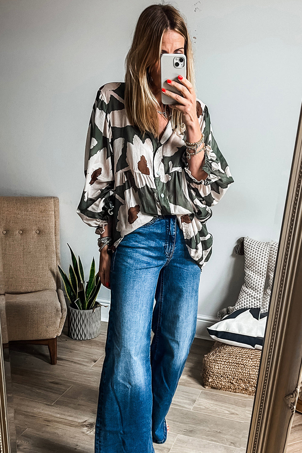 Loose Fit Floral Print Puff Sleeve Blouse