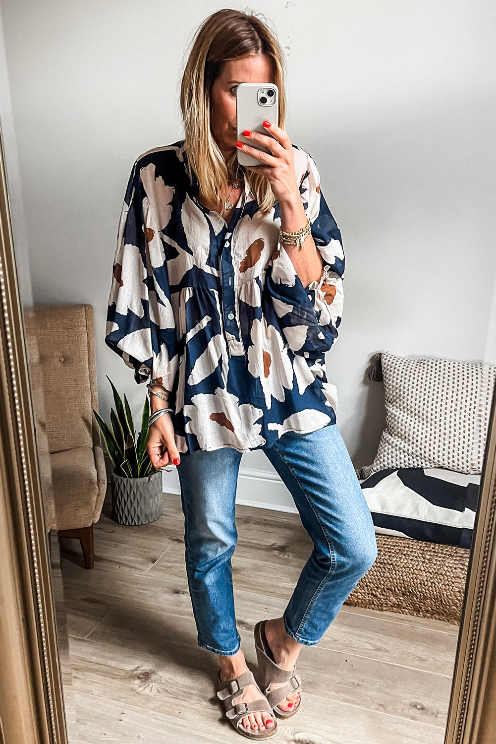 Loose Fit Floral Print Puff Sleeve Blouse