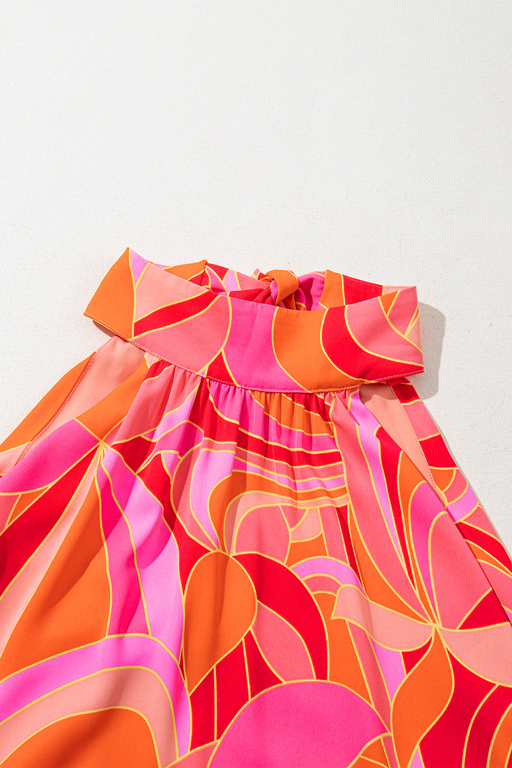 Pink Abstract Printed High Neck Knotted Nape Sleeveless Maxi Dress