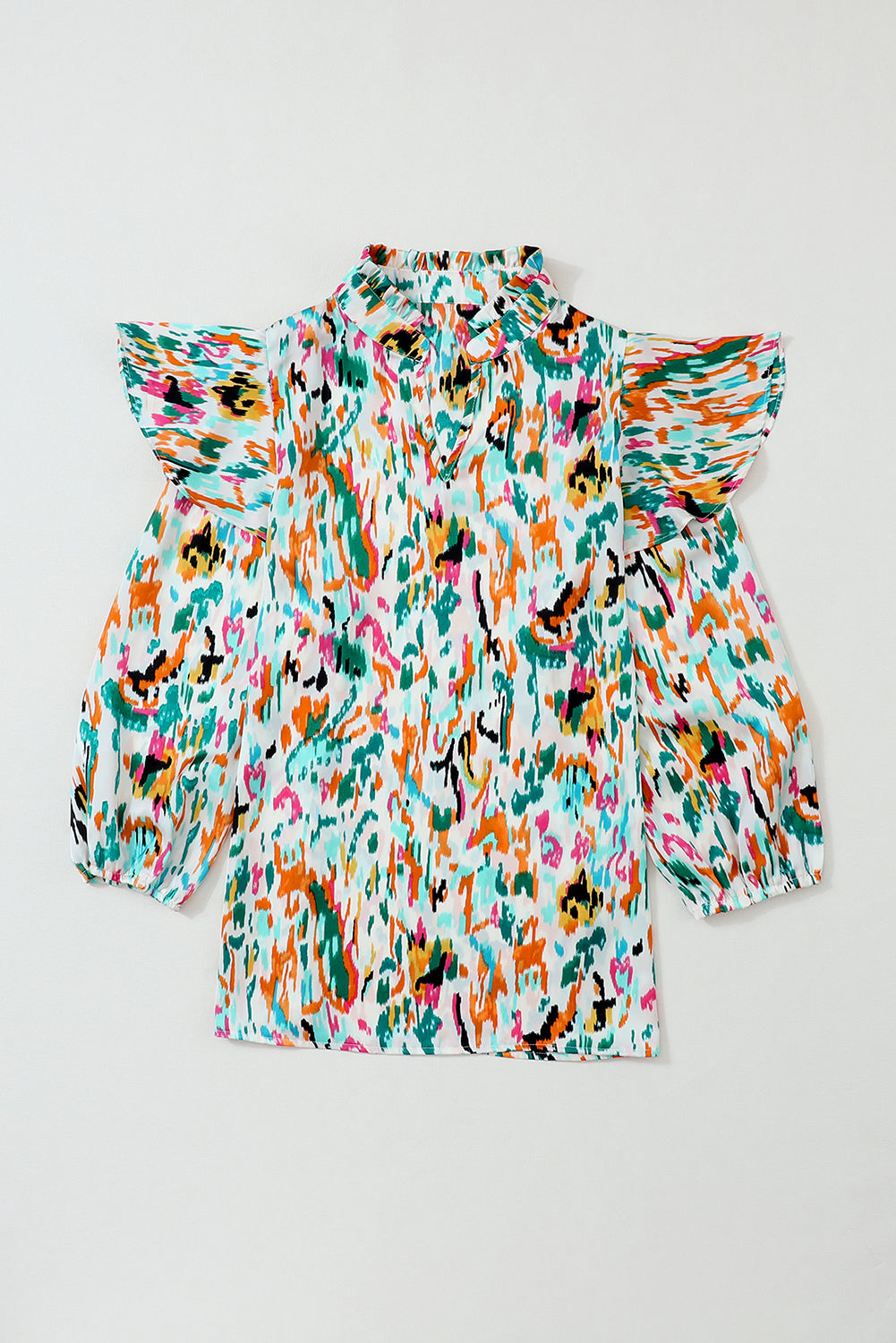 Color Me Happy Abstract Print 3/4 Puff Sleeve Ruffle Blouse