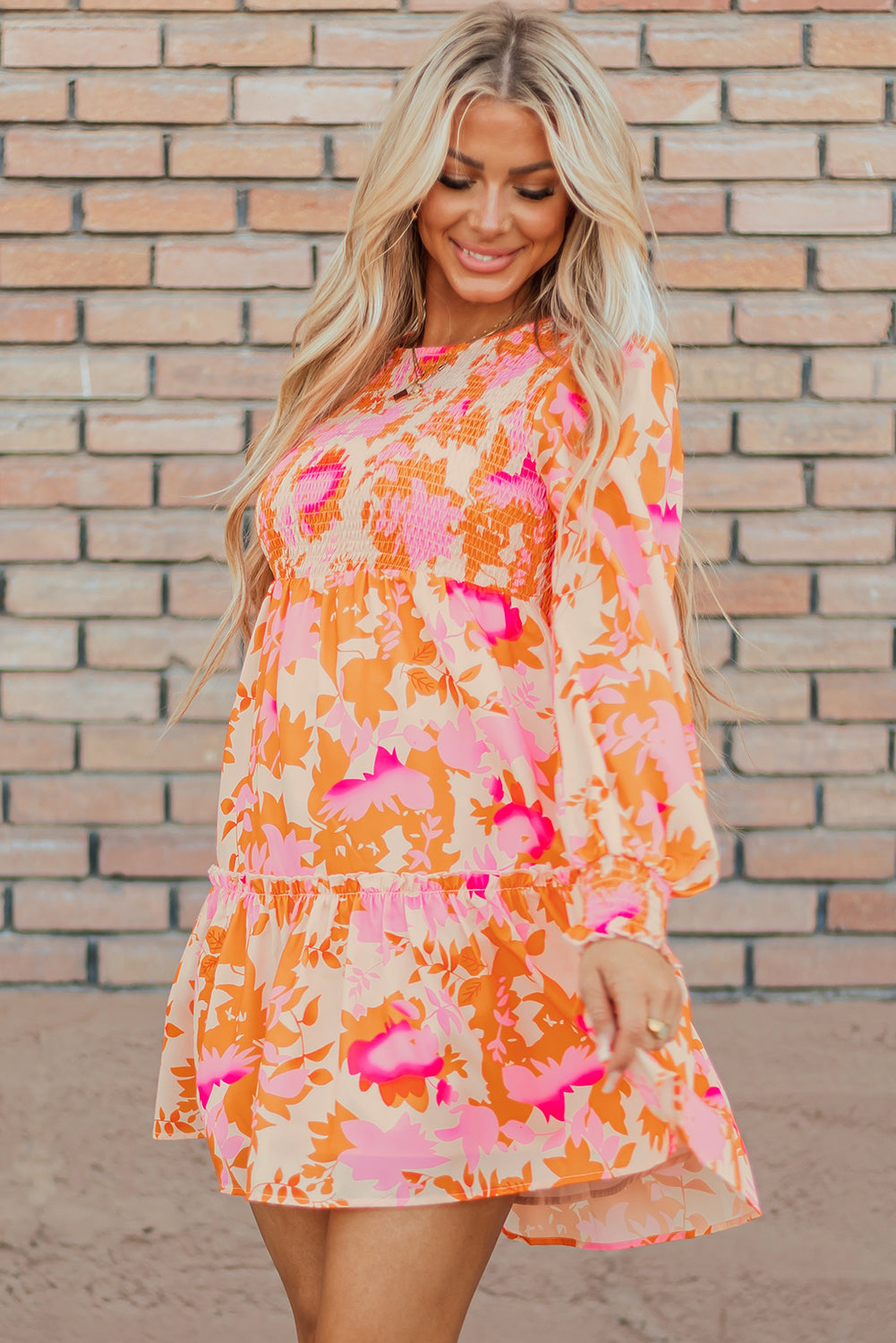 Orange Abstract Smocked Lantern Sleeve Ruffle Mini Dress