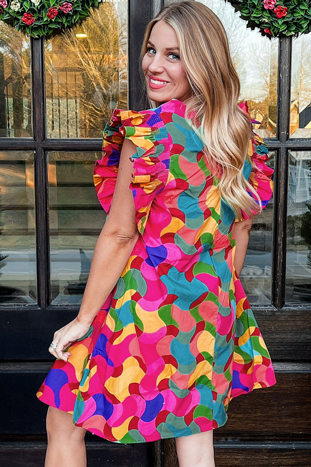 Abstract Print Ruffle Sleeve Shift Dress