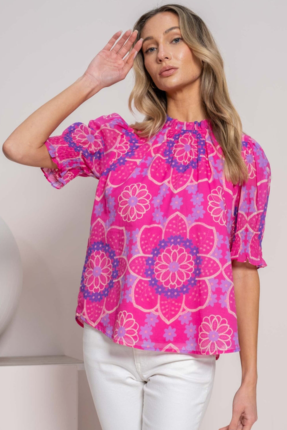 Pink Floral Print Frilled Neck Smocked Puff Sleeve Blouse