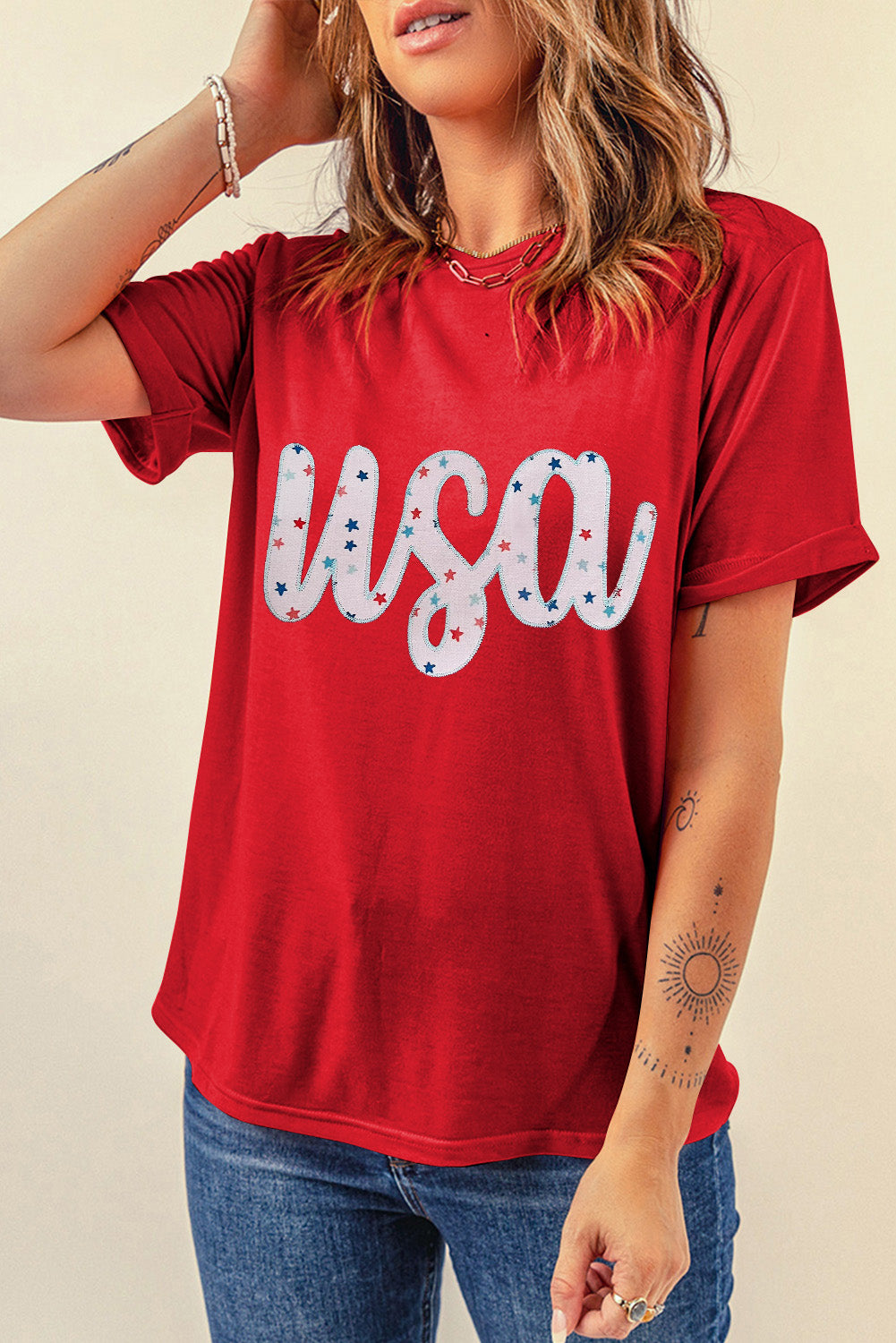 Red Starry USA Graphic Crewneck T Shirt