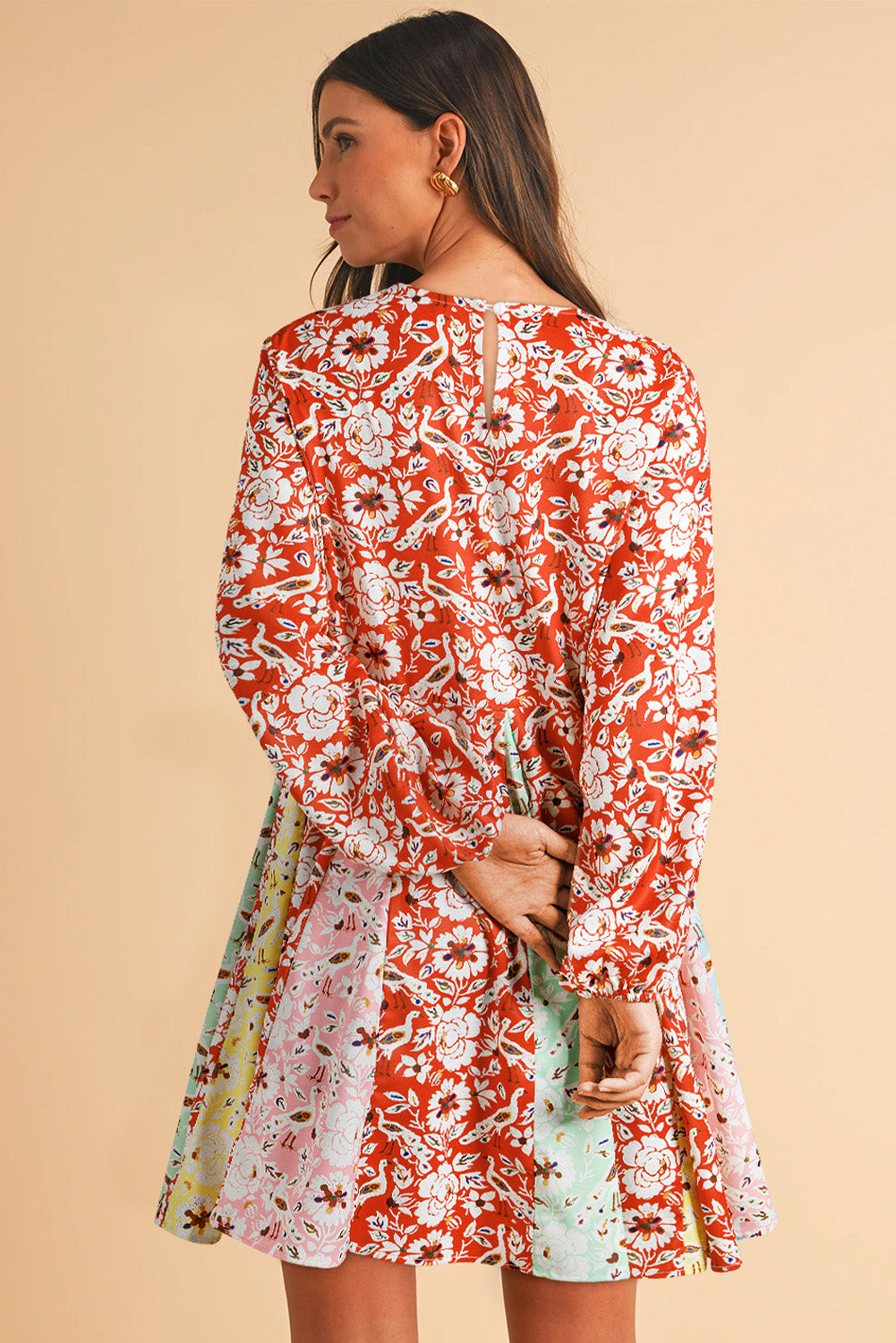 Floral Patchwork Long Sleeve Pleated Mini Dress