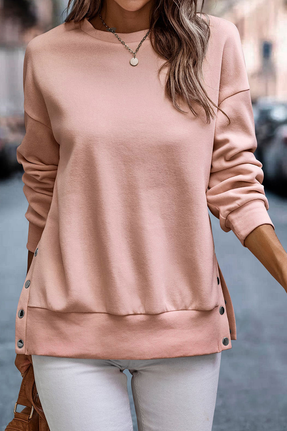 Snap Buttons Side Splits Pullover Sweatshirt