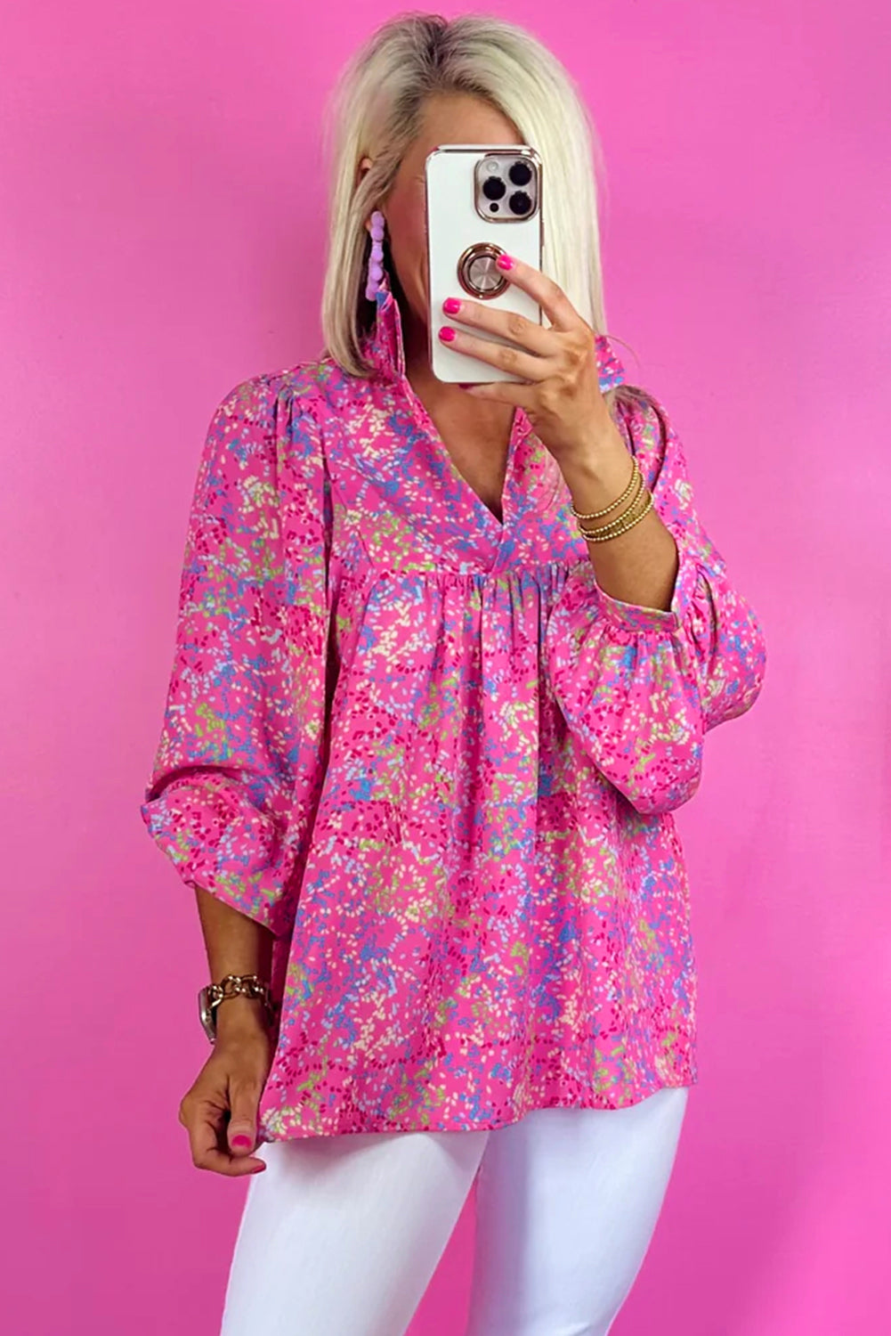 Pink Abstract Print Collared V Neck Blouse