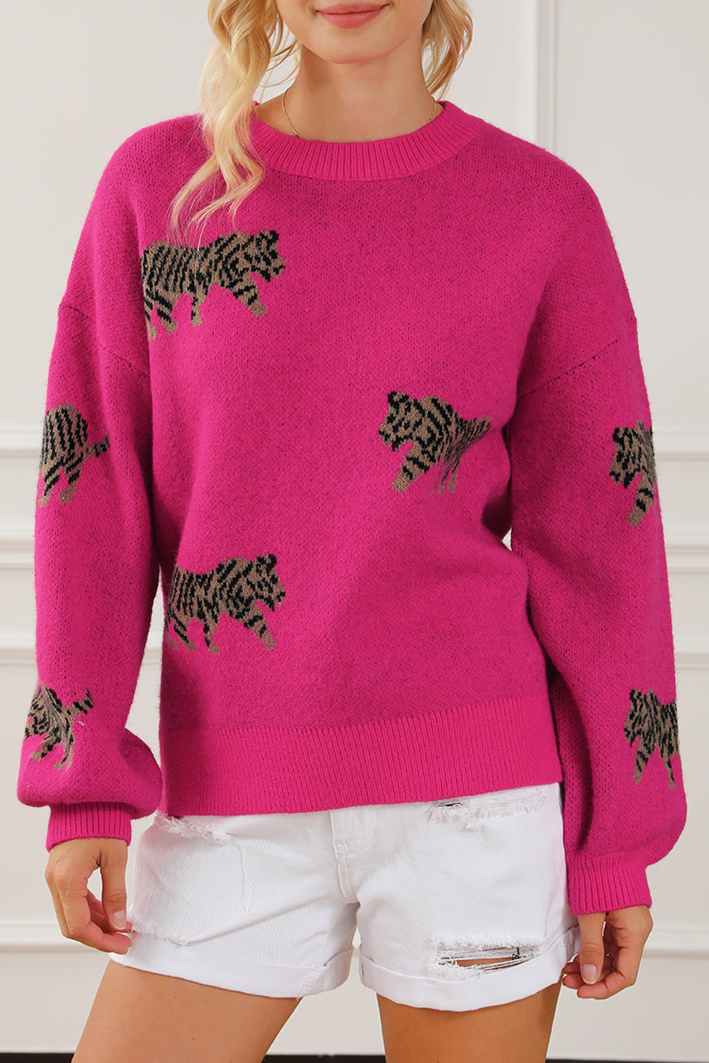 Rose Red Fierce Animal Pattern Knitted Sweater