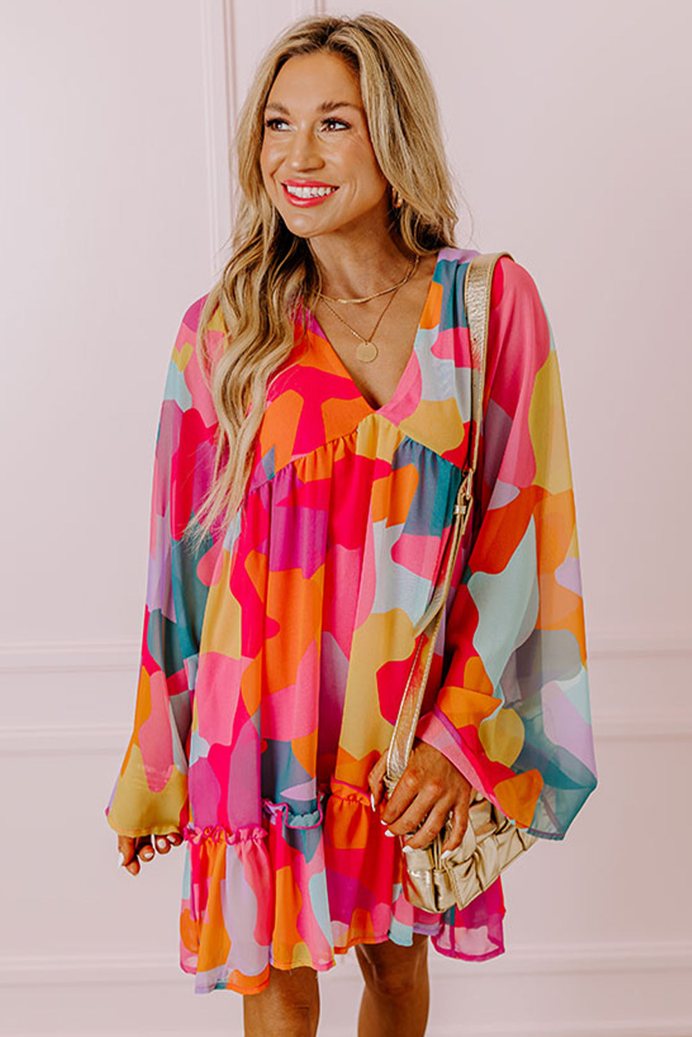 Abstract Print Bell Sleeve V Neck Babydoll Dress