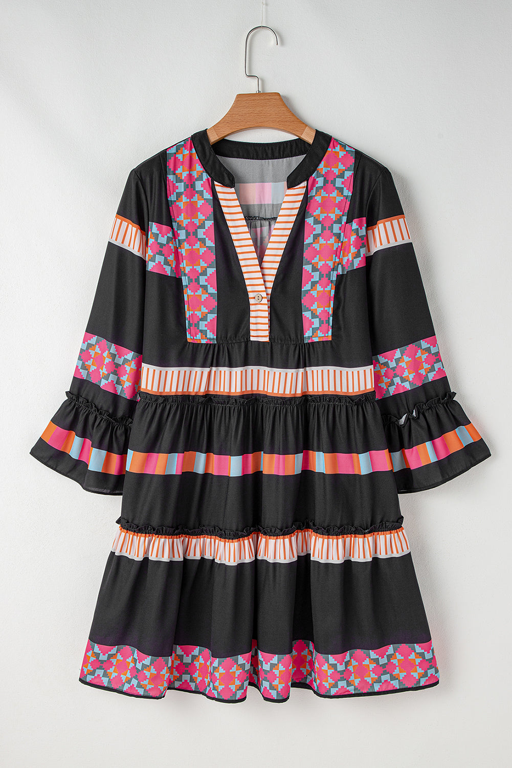 Black Patchwork V Neck Bell Sleeve Dress