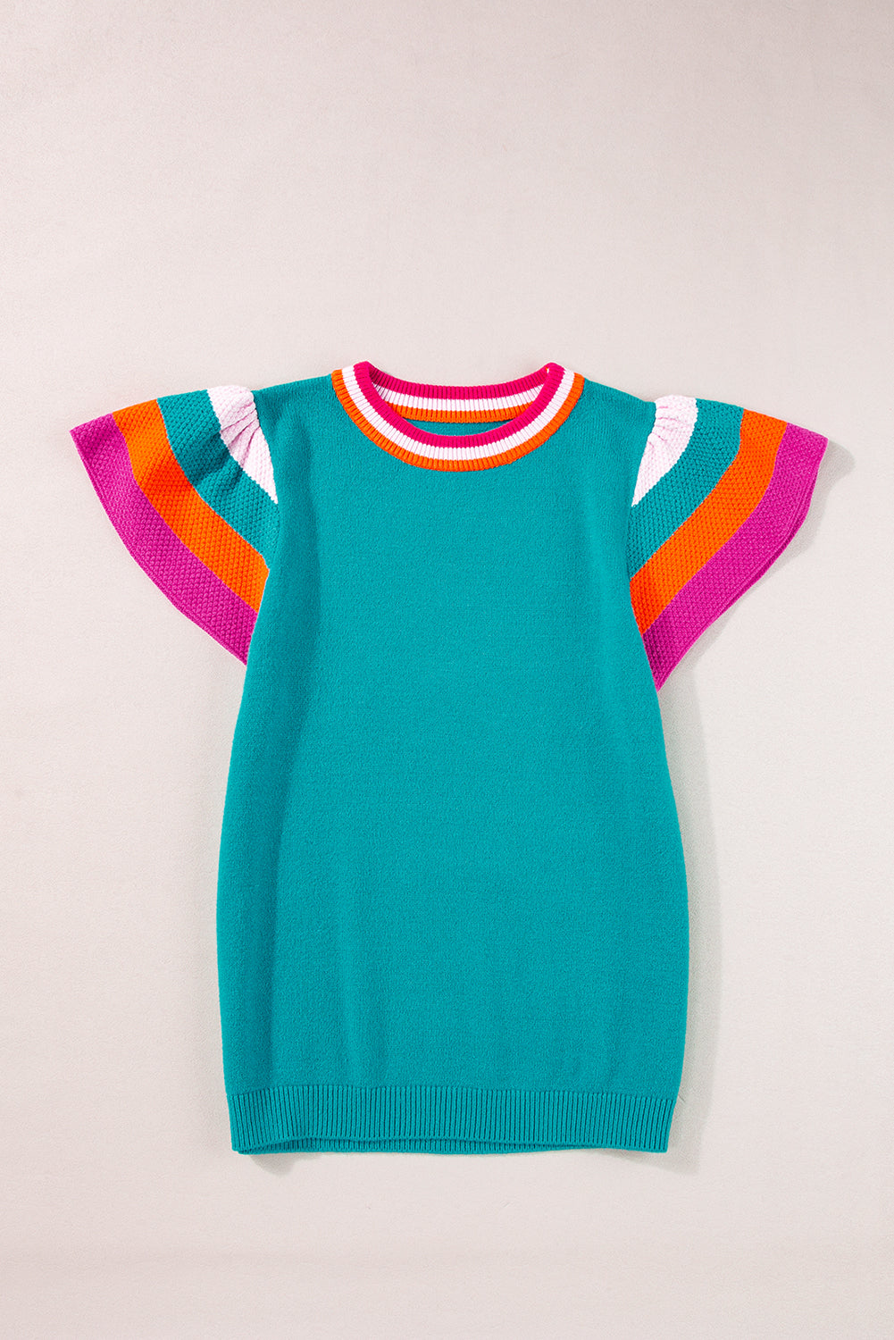 Bright Pink Contrast Flutter Sleeves Knitted Sweater T Shirt