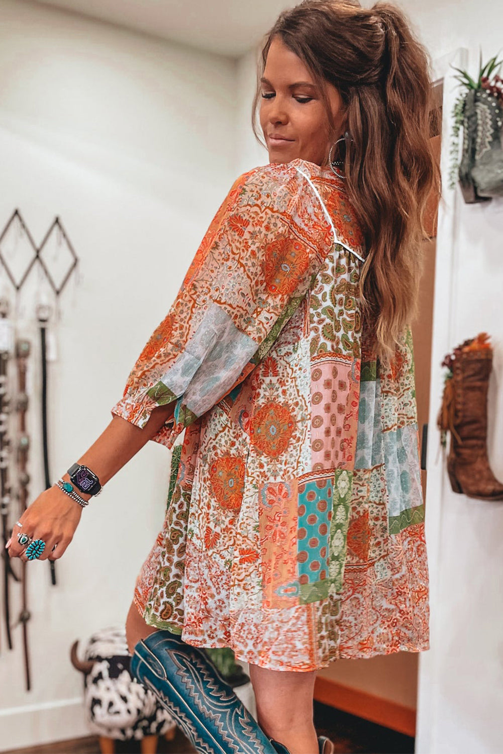 Orange Boho Paisley Print 3/4 Sleeve Chiffon Loose Dress