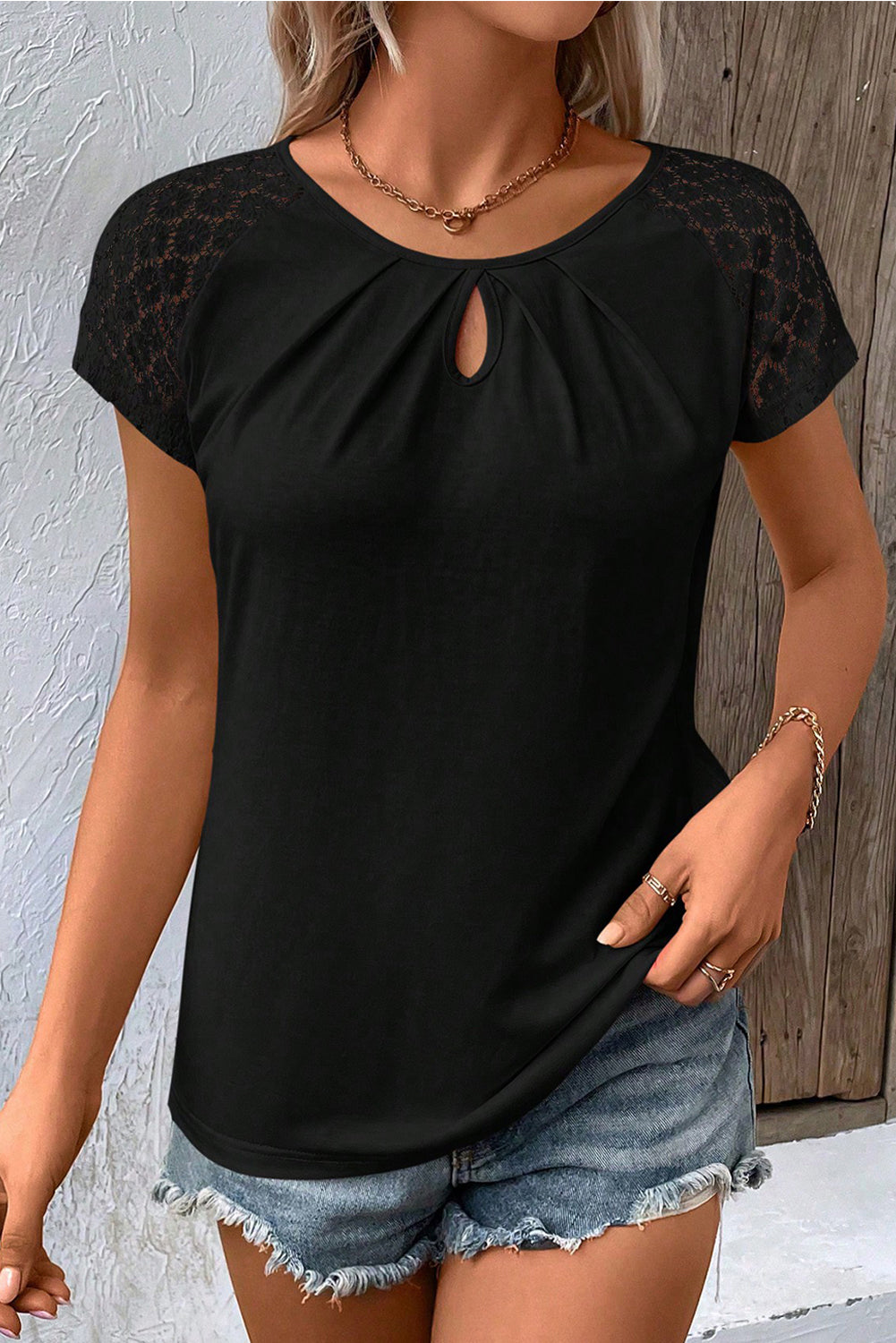 Black Contrast Lace Sleeve Keyhole Top