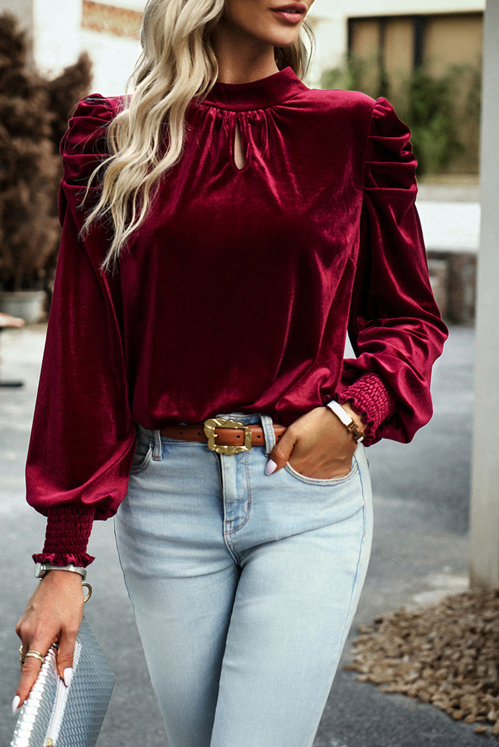 Mock Neck Puff Sleeve Velvet Blouse