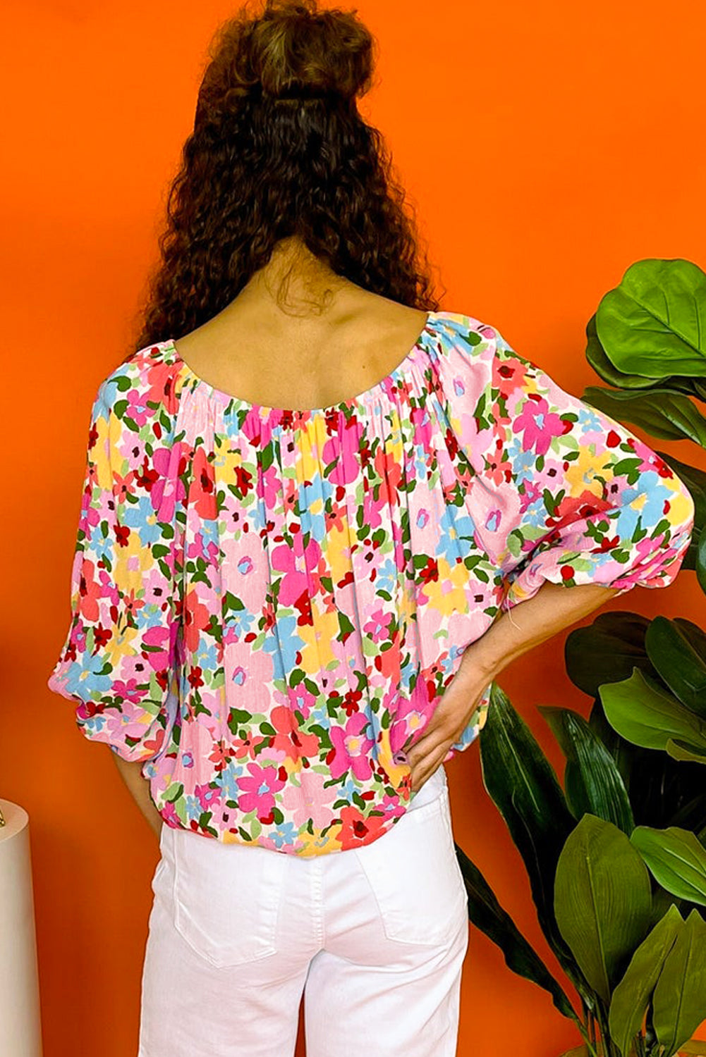 Floral Print Puff Sleeve Pleated Elastic Neckline Blouse