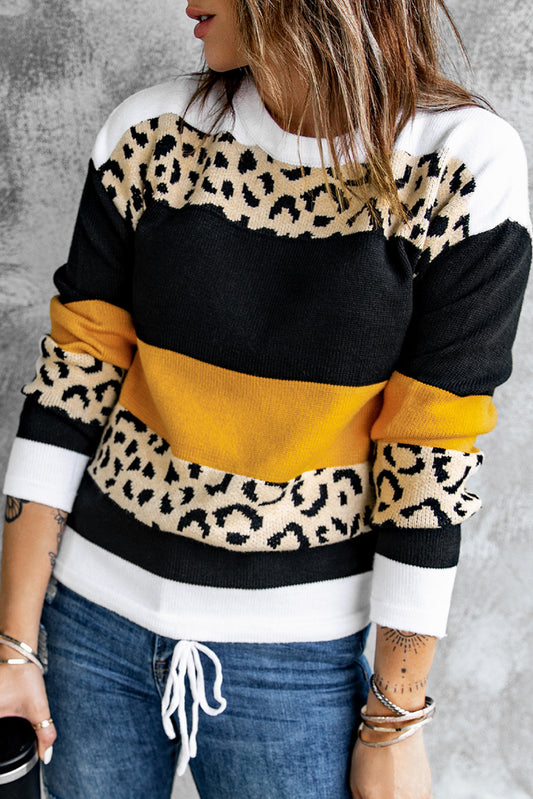 Leopard Color Block Knit Pullover Sweater