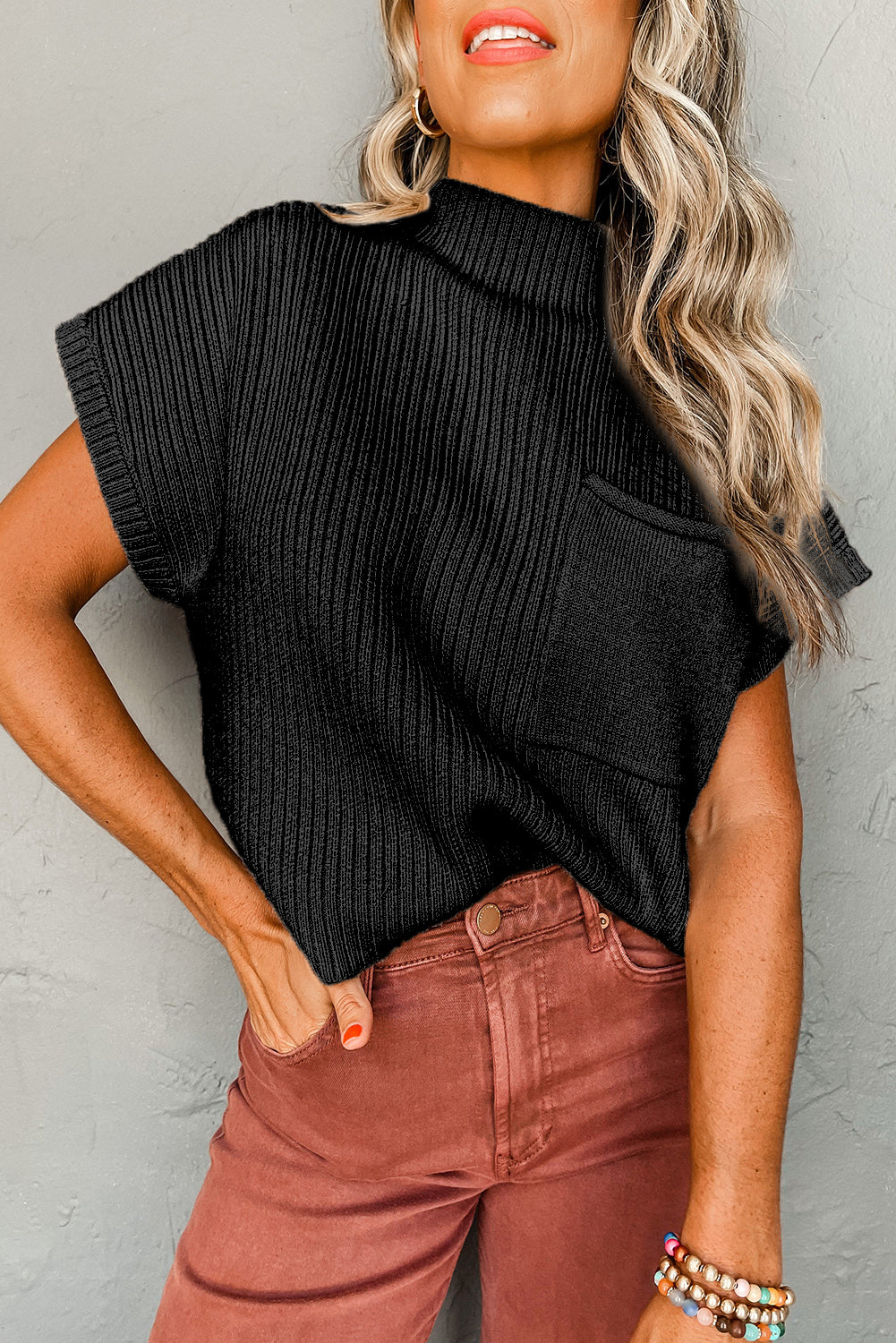 Patch Pocket Ribbed Knit Short Sleeve Sweater