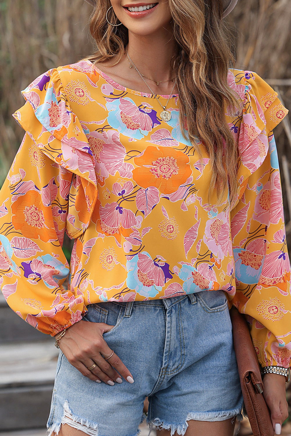 Playful Floral Print Ruffle Puff Sleeve Blouse