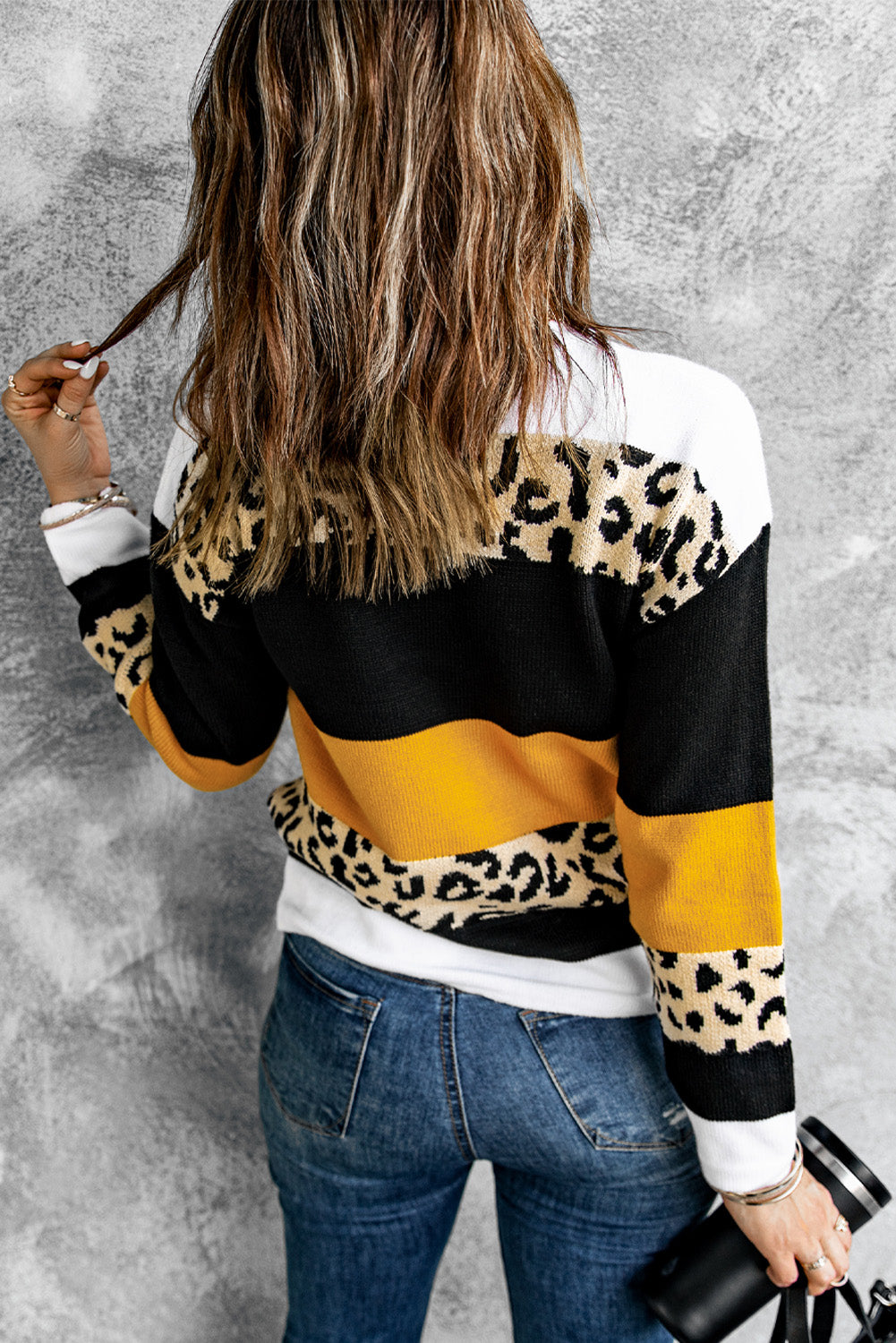 Leopard Color Block Knit Pullover Sweater