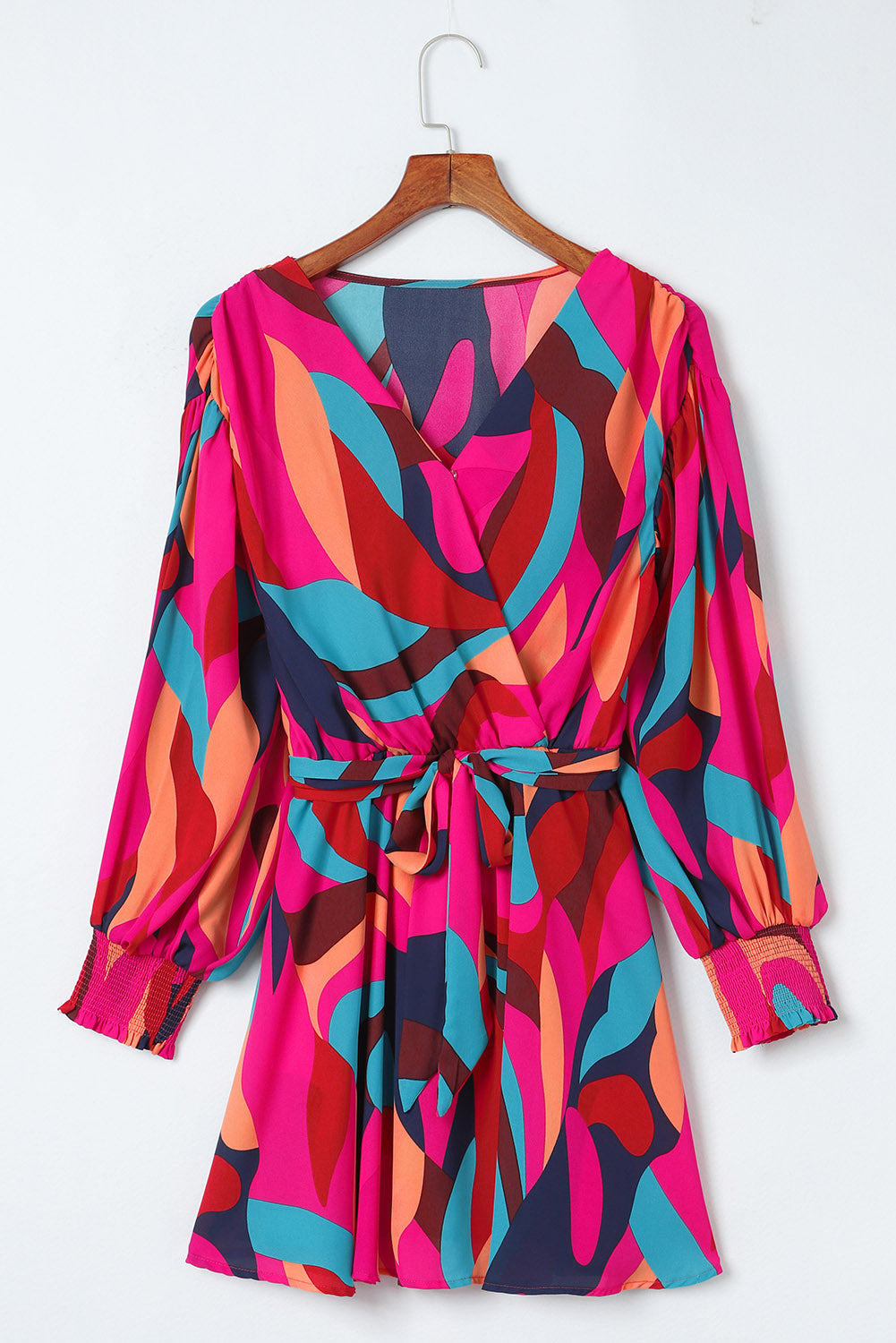 Abstract Printed Belted Puff Sleeve Mini Dress