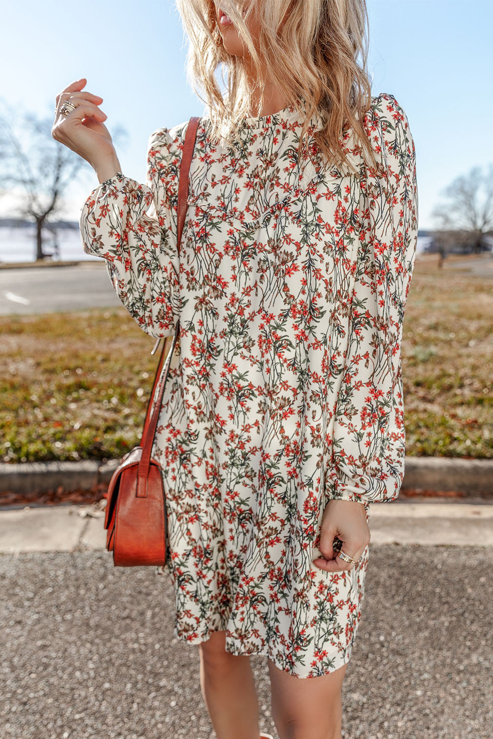 White Floral Long Sleeve Mini Dress