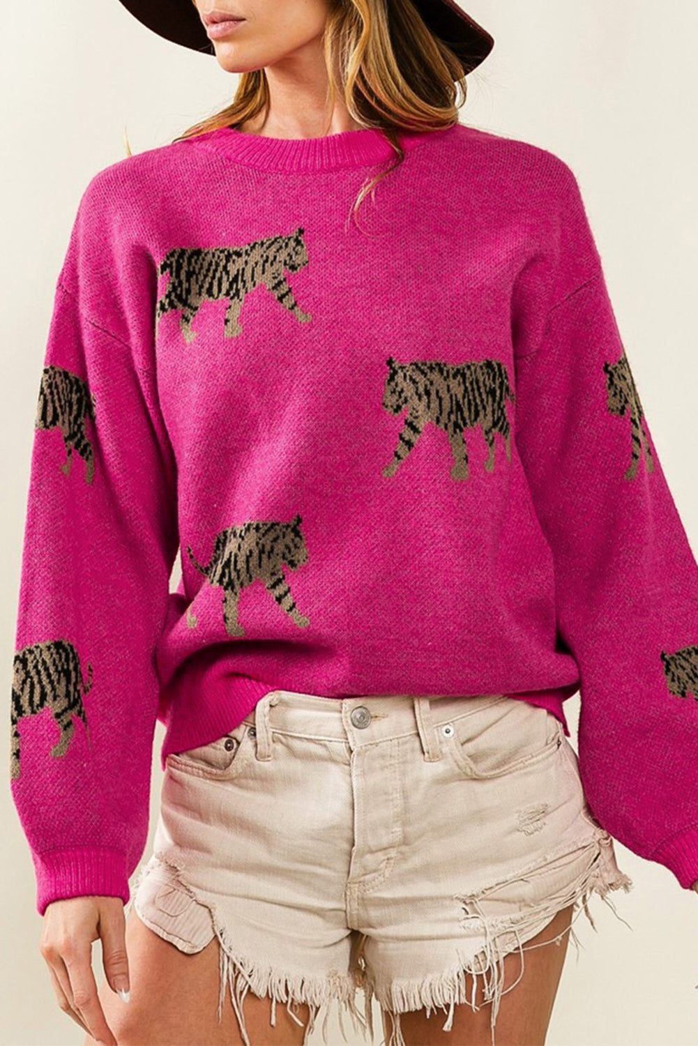 Rose Red Fierce Animal Pattern Knitted Sweater