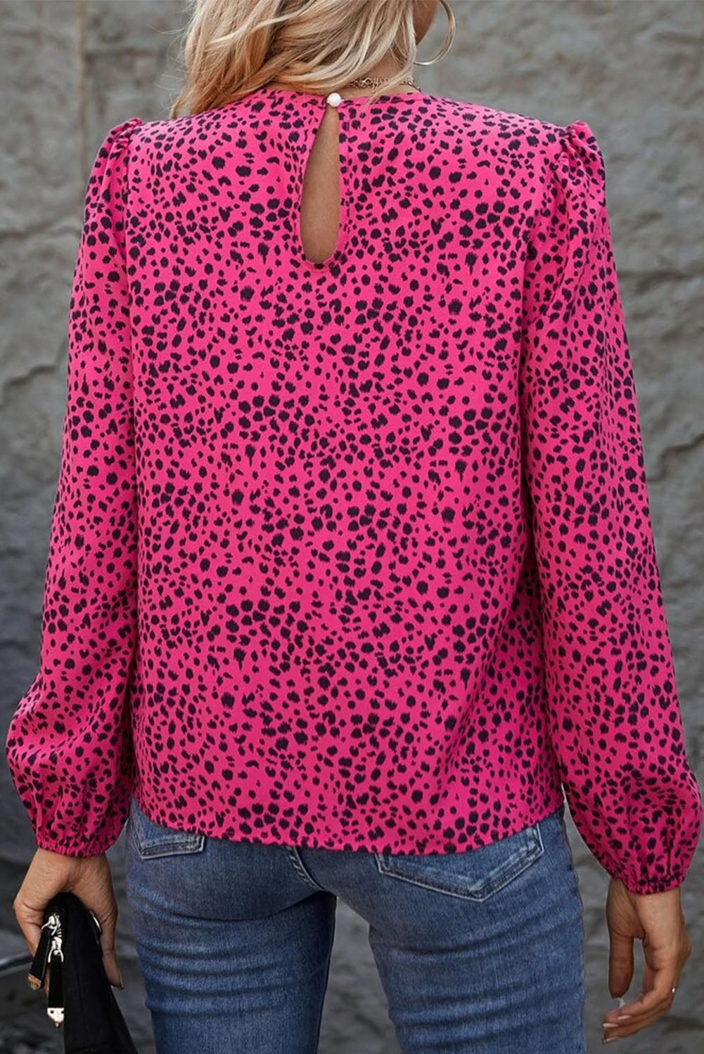 Leopard Print Pleated Blouse with Keyhole