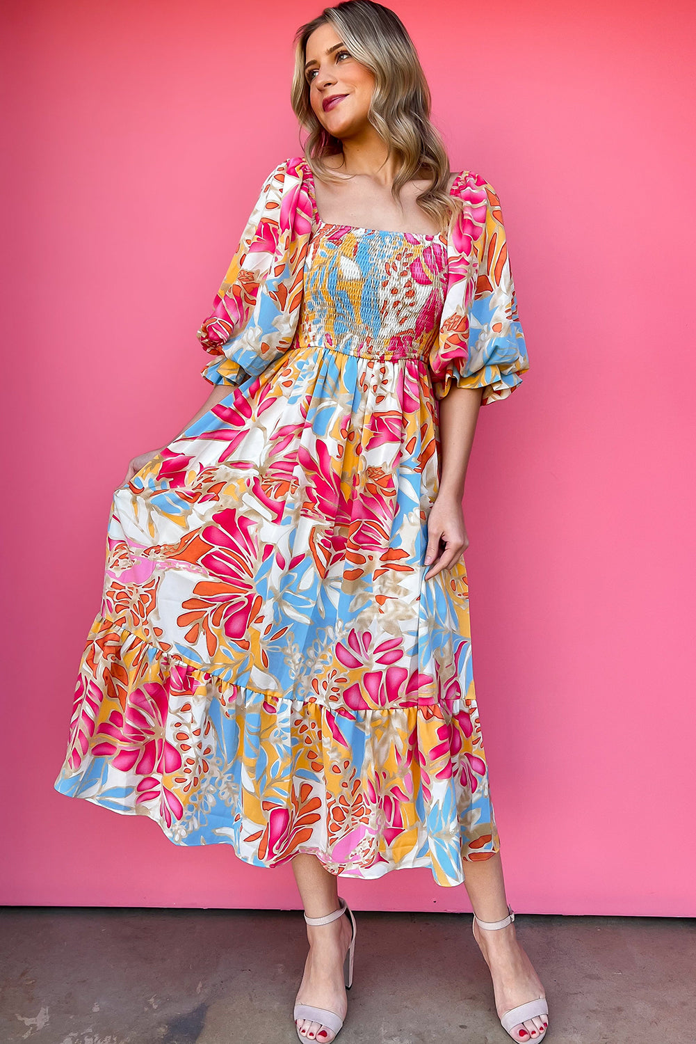 Tropical Print Smocked Bodice Puff Sleeve Maxi Dress