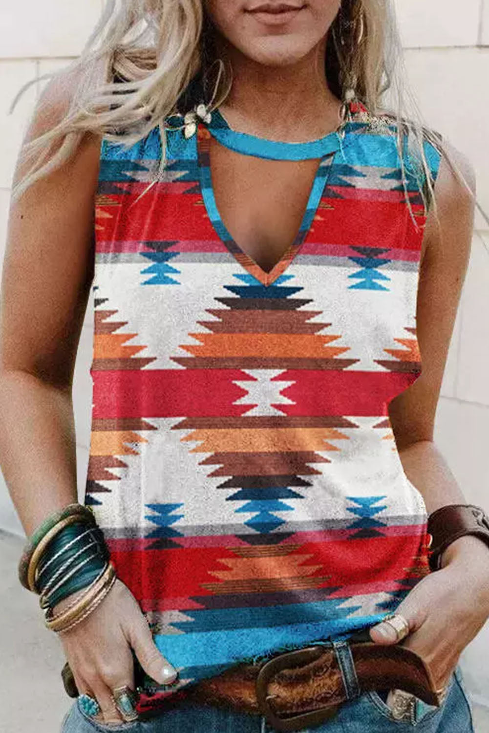 Aztec Geometric Print Hollowed Neckline Tank Top